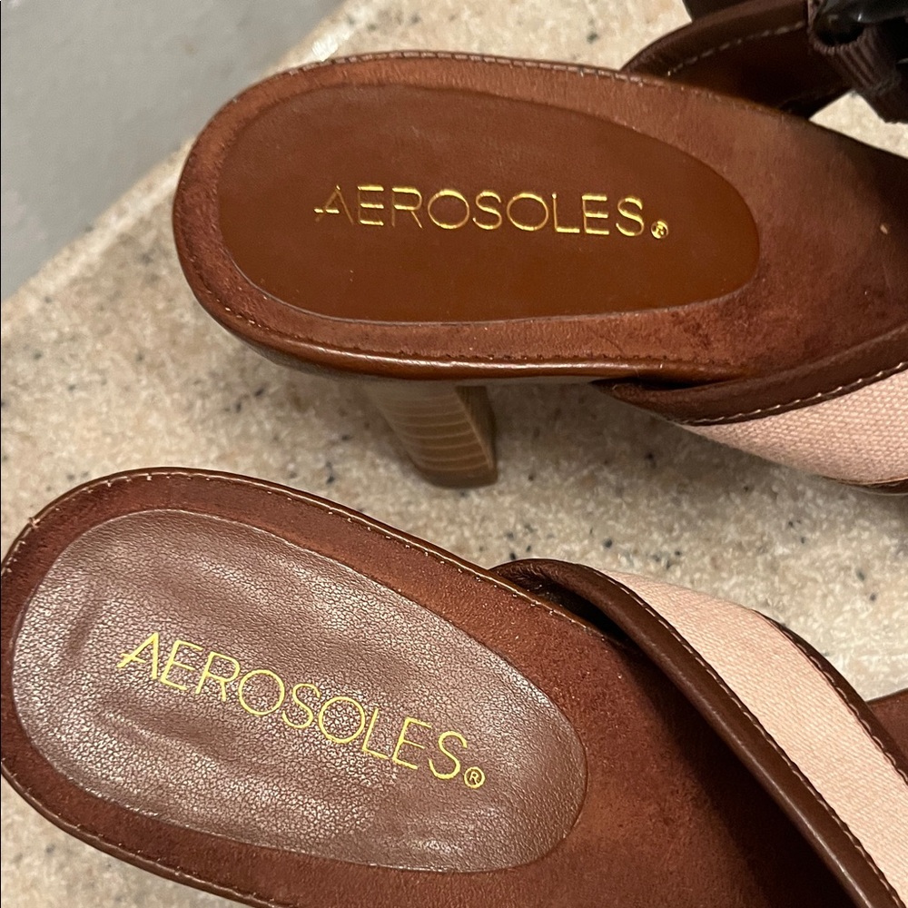 AEROSOLES Cream and Brown Leather Strappy Heels - Picture 2 of 7